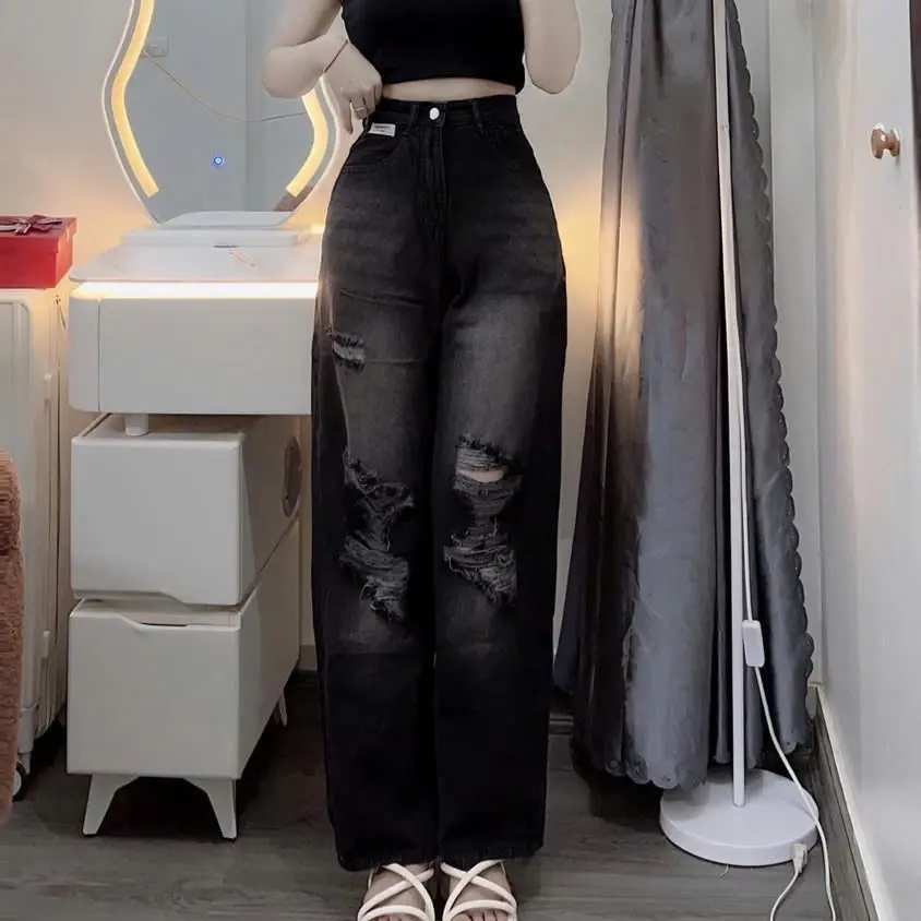 Quần jeans suông rách Cạp Siêu Cao chất vải dày dặn mềm mịn dễ diện phối đồ đi chơi đi học -