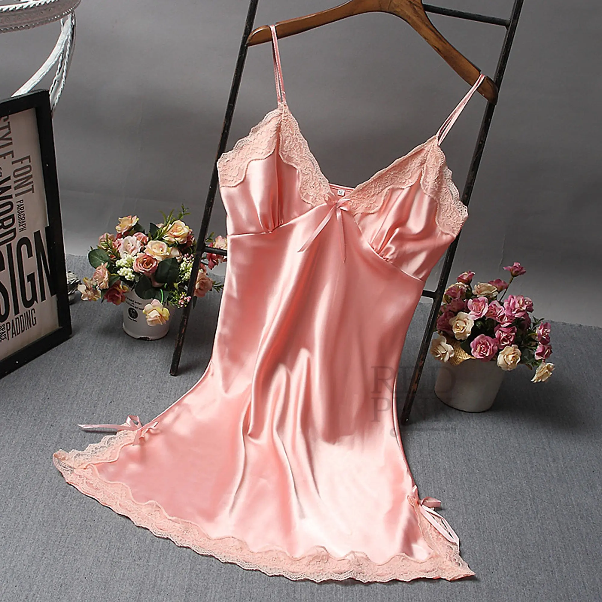 [ Racun Lingerie ] Dress Lingerie Gaun Malam Nightwear Wanita Dewasa Sexy Hot Deep V-Neck Brukat Flower With Mini Pita One Strap Mini Cutting Lace Premium Satin Silk Import #5