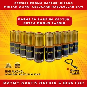Parfum Kasturi Kijang 10 Botol + Bonus  Al Arabia Tasbih Original Import Non Alkohol Aroma Menenangkan Cocok untuk Shalat dan Majelis