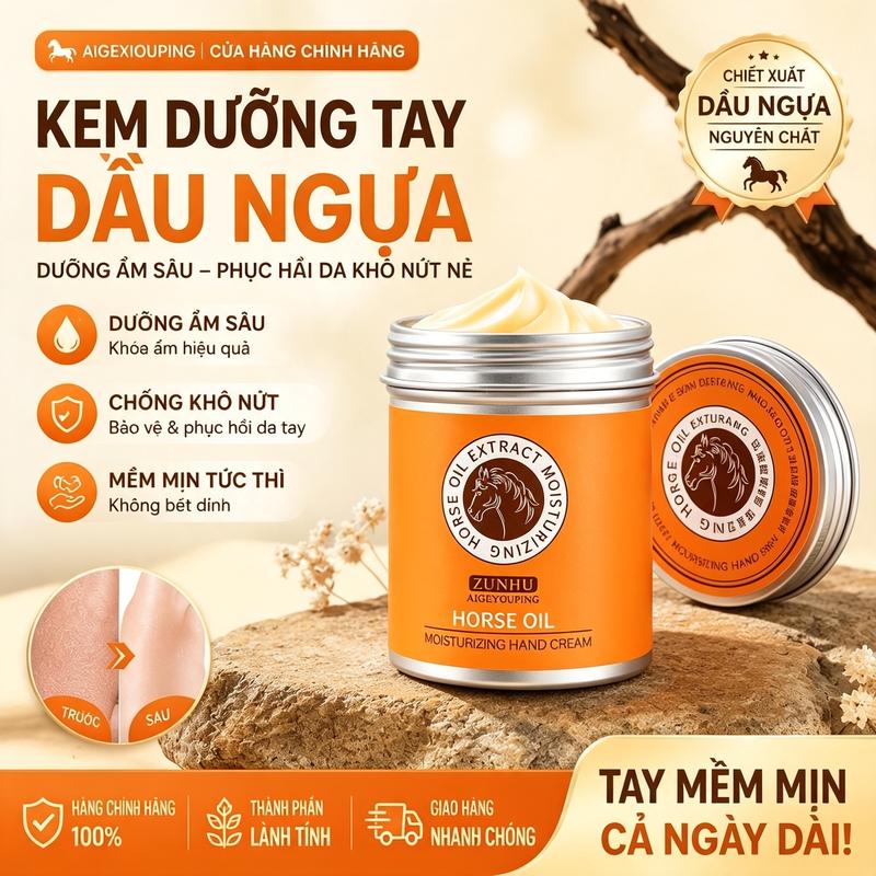 Kem dưỡng da tay AIGEYOUPING chiết xuất dầu ngựa giúp bảo vệ và dưỡng ẩm tối đa, phục hồi da khô ráp, giúp da mềm mại và mịn màng với khả năng dưỡng ẩm suốt cả ngày.