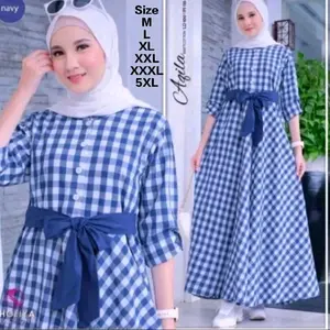 Agila Dress Wanita Navy Size M L XL XXL XXXL 5XL Motif Kotak-Kotak dengan Belt Fashionable