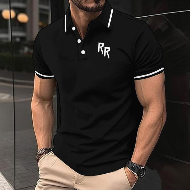 Product Introduction of Summer new pure black striped casual 3D printed lapel short sleeved polo shirt with personality and trend, very suitable for travel and commuting 2