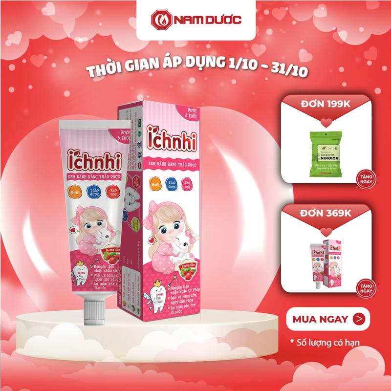 Kem đánh răng thảo dược Ích Nhi hương dâu cho bé dưới 6 tuổi, tuýp 50g, giúp làm sạch răng miệng ở trẻ em an toàn khi lỡ nuốt không flour, không cay