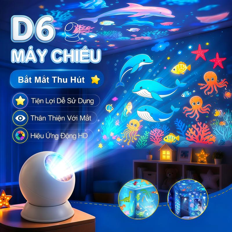 D6 Máy Chiếu Quà Tặng, Quà tặng cho bé -Dịp quốc tế thiếu nhi · Giáng sinh · Tết · Sinh nhật, Đa dạng chủ đề: Đại dương · Động vật · Tuyết, Xoay chiếu 360°, Có thể điều chỉnh độ sáng, Đèn ngủ cảnh trí