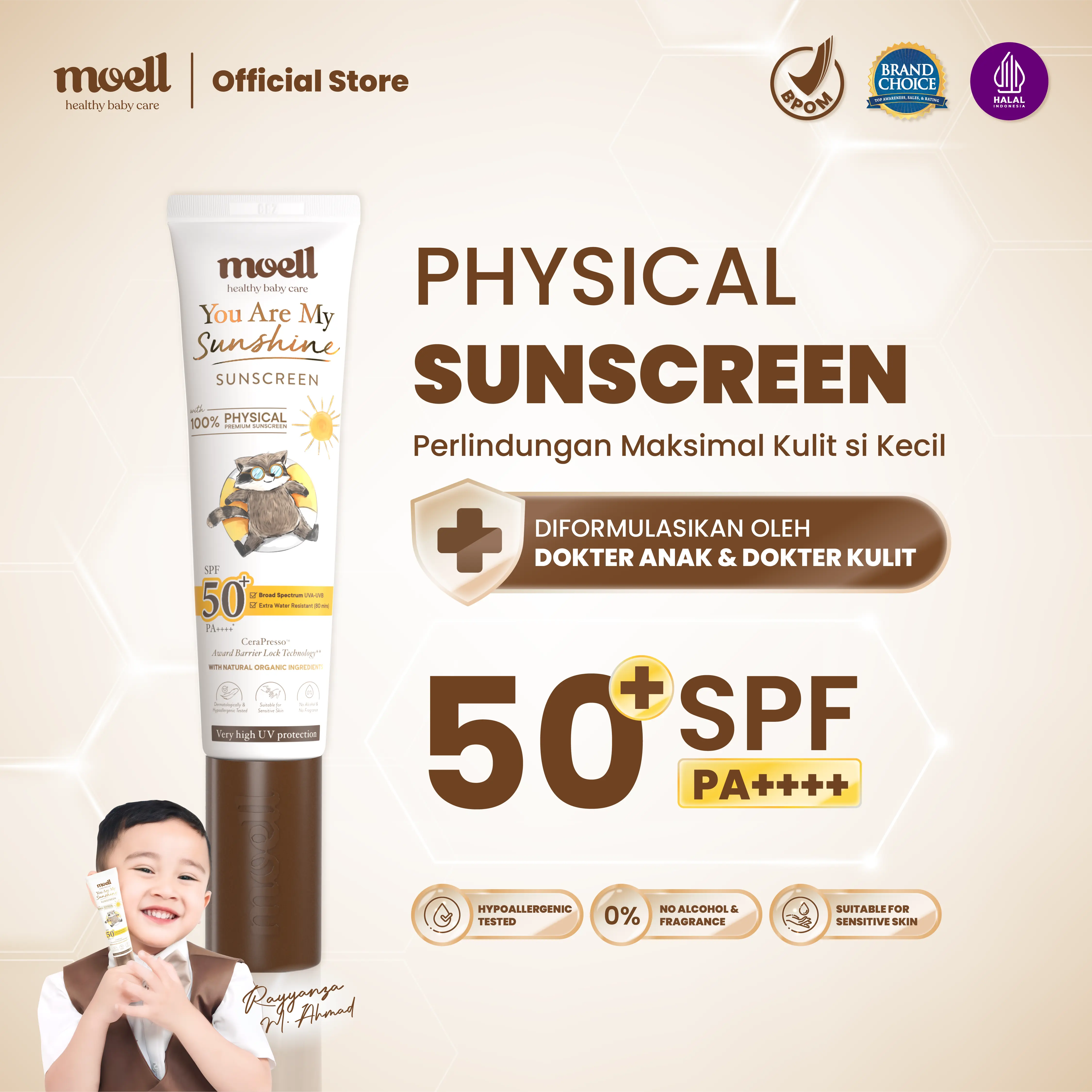 Moell Physical Sunscreen Anak 30ml Dengan SPF (50+) PA(++++) Broad Spectrum, Water Resistant - Skincare Untuk Bayi & Anak