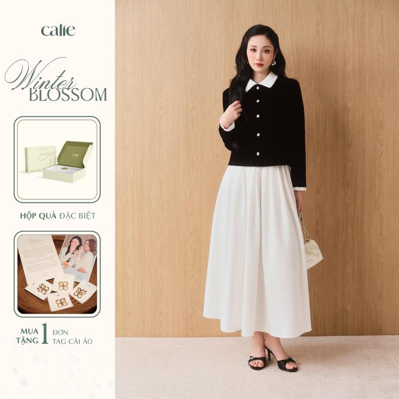 Winter Blossom Áo khoác nhung phối cỏ trắng AK153 kết hợp chân váy CX065 chất liệu cao cấp thời trang thiết kế Calie