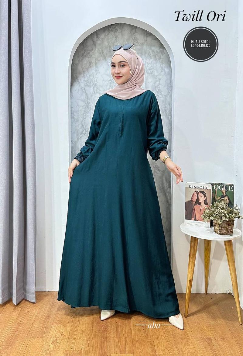 Product Introduction of gamis polos twil ori dress panjang busui tali samping Muslim Twill Kancing Cantik Karet Wudhu Kain Lembut Tebal Kerah Motif Wanita Rayon Katun Mewah Baju Maxi 7