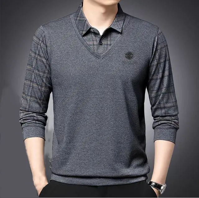 Men's silk fabric fake two POLO loose grid solid color casual T-shirt with silk print top Menswear Lingerie