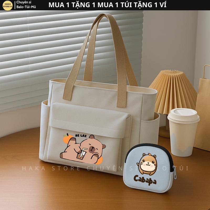 [Mua 1 tặng 1] Túi tote vải canvas đa năng đựng laptop 14inch, sách vở, quần áo xách tay, đeo vai tiện lợi có khoá miệng - Nữ - Bag-Tặng ví cầm tay Tote Chữ Nhật Hình Chữ Nhật