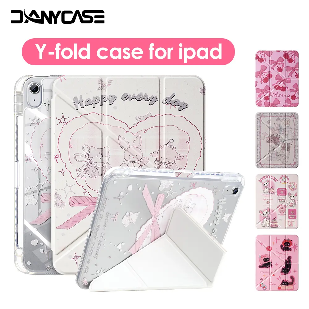 DANYCASE  Y fold-Case with Pencil Holder For iPad Cute Cartoon Pattern iPad Case – Compatible with iPad 11th Gen A16, 10th Gen, 7/8/9th Gen 10.2", Air 11 M2/M3/M4, Pro 11" 2/3/4th Gen – Pink Foldable Stand Design with Bow & Cute Cat Motif