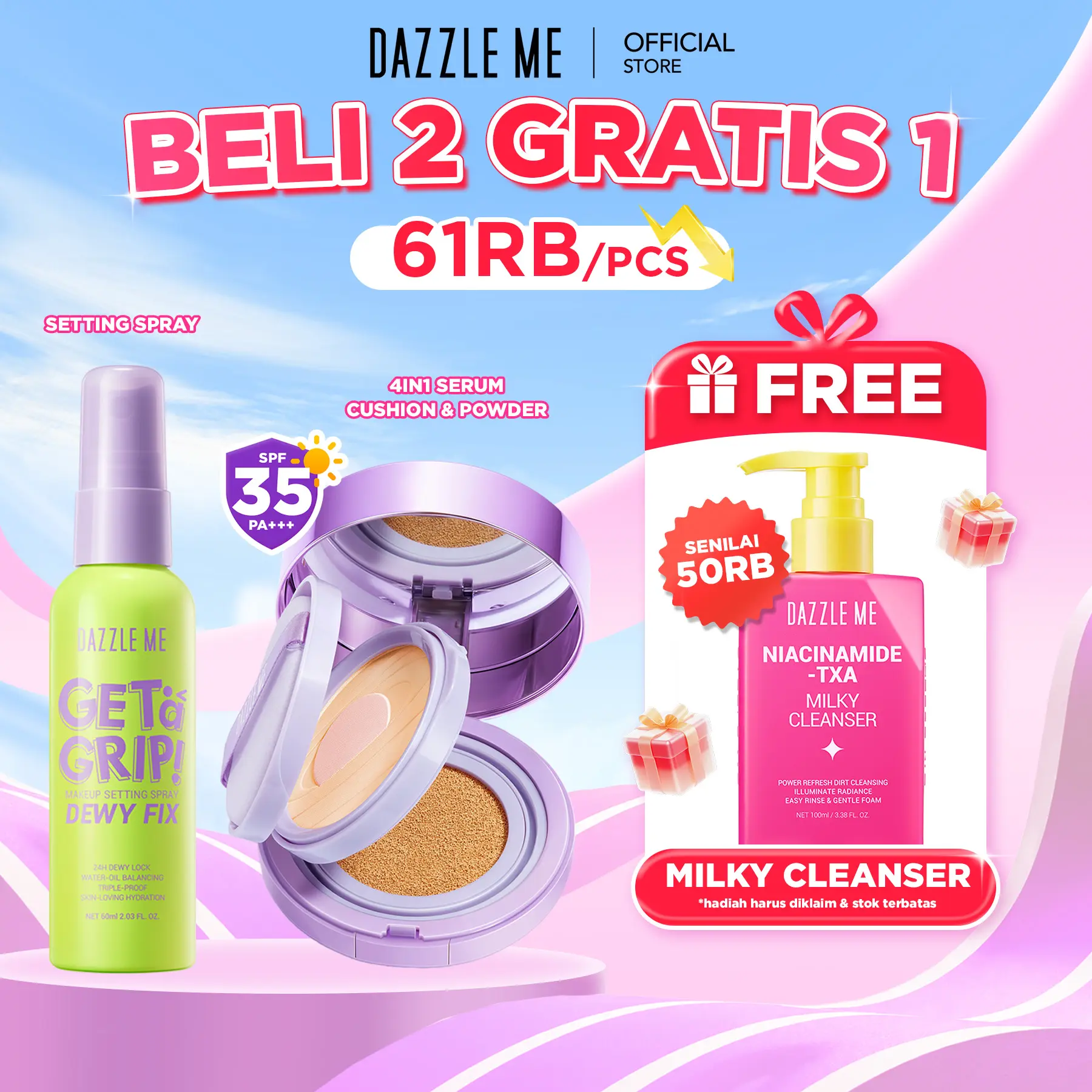 [BELI 2 GRATIS 1] DAZZLE ME 4in1 Cushion & Setting Spray Stay Perfect Duo set 36H Coverage 24H Lock Dewy Matte Finish
