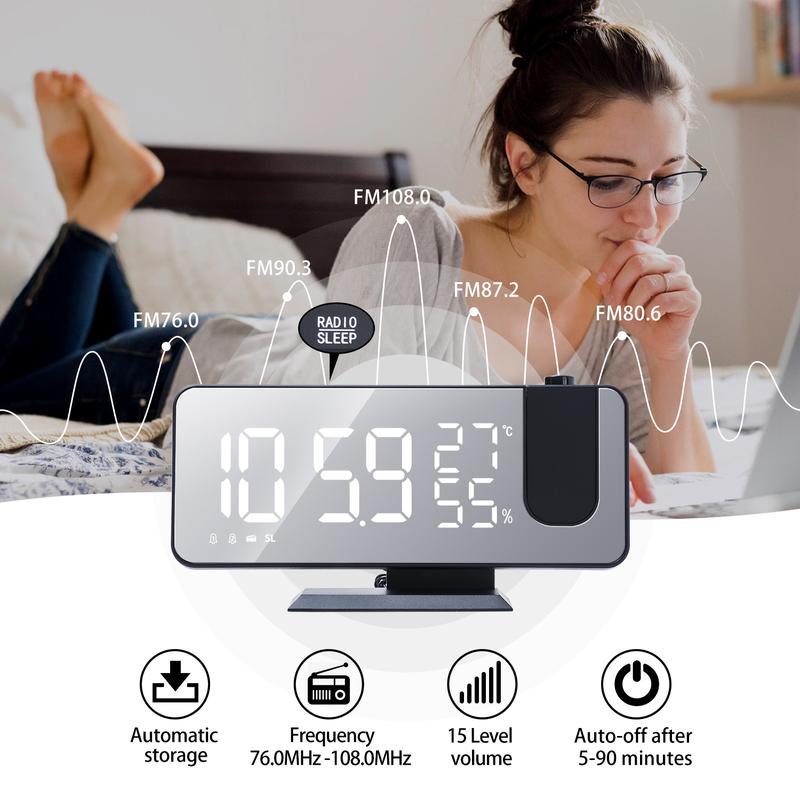 Product Introduction of 12/24H Music LED Digital Alarm Clock Table Electronic Desktop Clocks USB Wake Up FM Radio 180° Projector Snooze Function Dual Alarm Bedroom Bedside Mute Clock For Kids Mother Gift 30