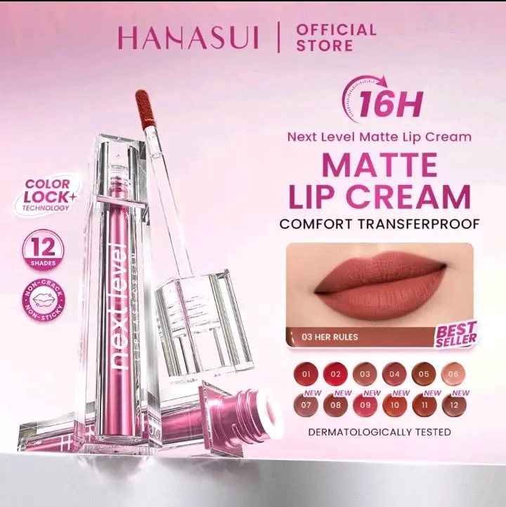 Hanasui Next Level Matte Lip Cream 16H Comfort Transferproof dengan Color Lock+ Technology 12 Shades Dermatologically Tested