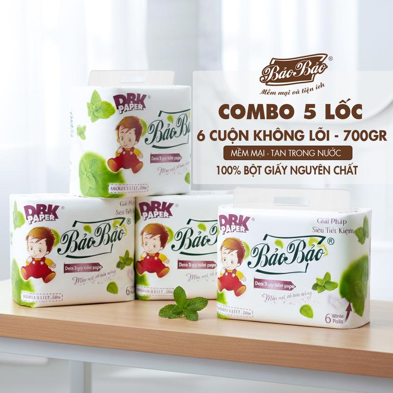  Bảo Bảo combo 5 lốc giấy vệ sinh Xanh lá không lõi 6 cuộn – siêu mềm dày mịn thấm hút tốt 3 lớp an toàn 