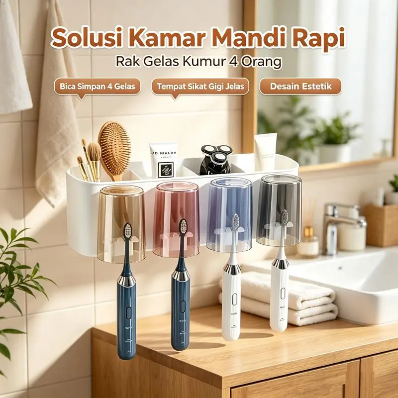 Rak Sikat Gigi dan Gelas Kumur Gantung Tempel Dinding Tanpa Bor, Rak Kamar Mandi Multifungsi dengan Drainase Anti Lumut Tahan Air, Cocok Anak Kos Kontrakan Rumah Tangga, Hemat Tempat Praktis