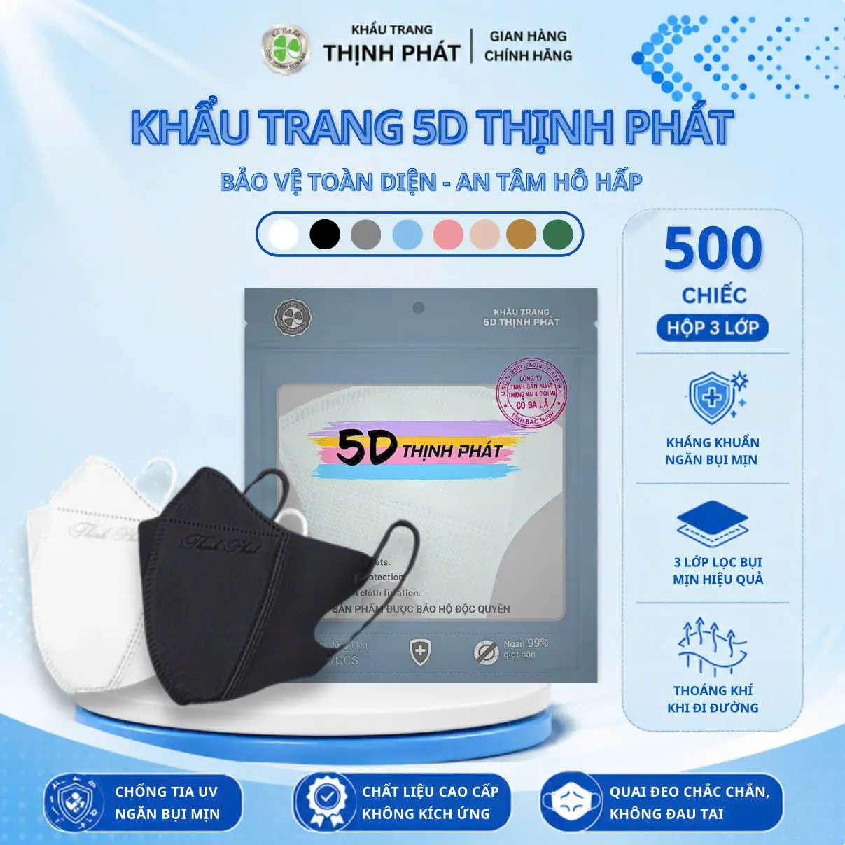 COMBO 500 CHIẾC KHẨU TRANG 5D THỊNH PHÁT 3 Lớp Chất Liệu Vải Không Dệt An Toàn Cho Sức Khỏe Kiểu Dáng 3D Thông Minh Dây Thun Mềm Mại Đa Chiều Thoáng Khí