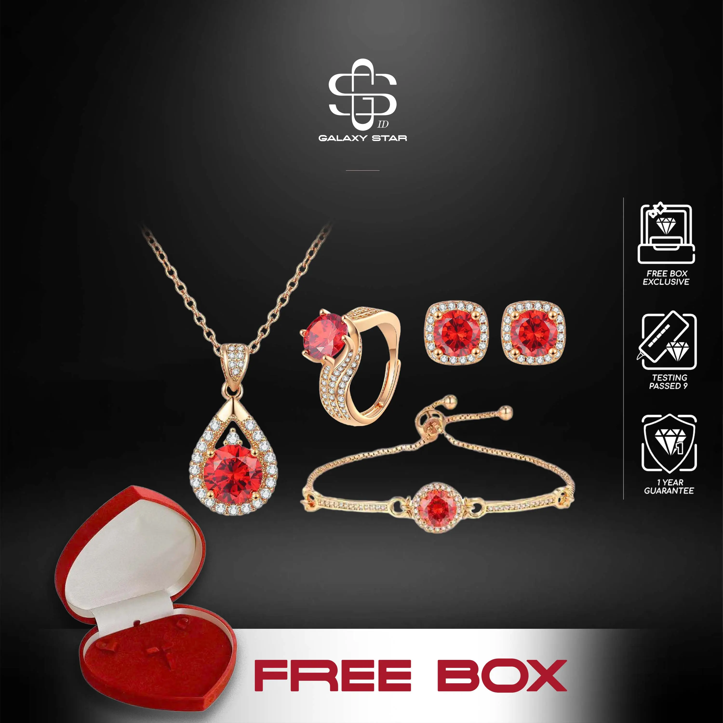 ((FREE BOX)) Korean Trendy Ruby Glow Set: Gelang, Kalung, Anting & Cincin Gold dengan Crystal Merah & Zircon Berkilau AAKBS0003
