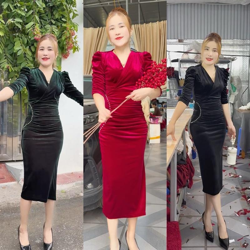 Mẫu Đầm Nhung Cổ V Dáng Ôm Body - Xưởng May Thuỷ 2