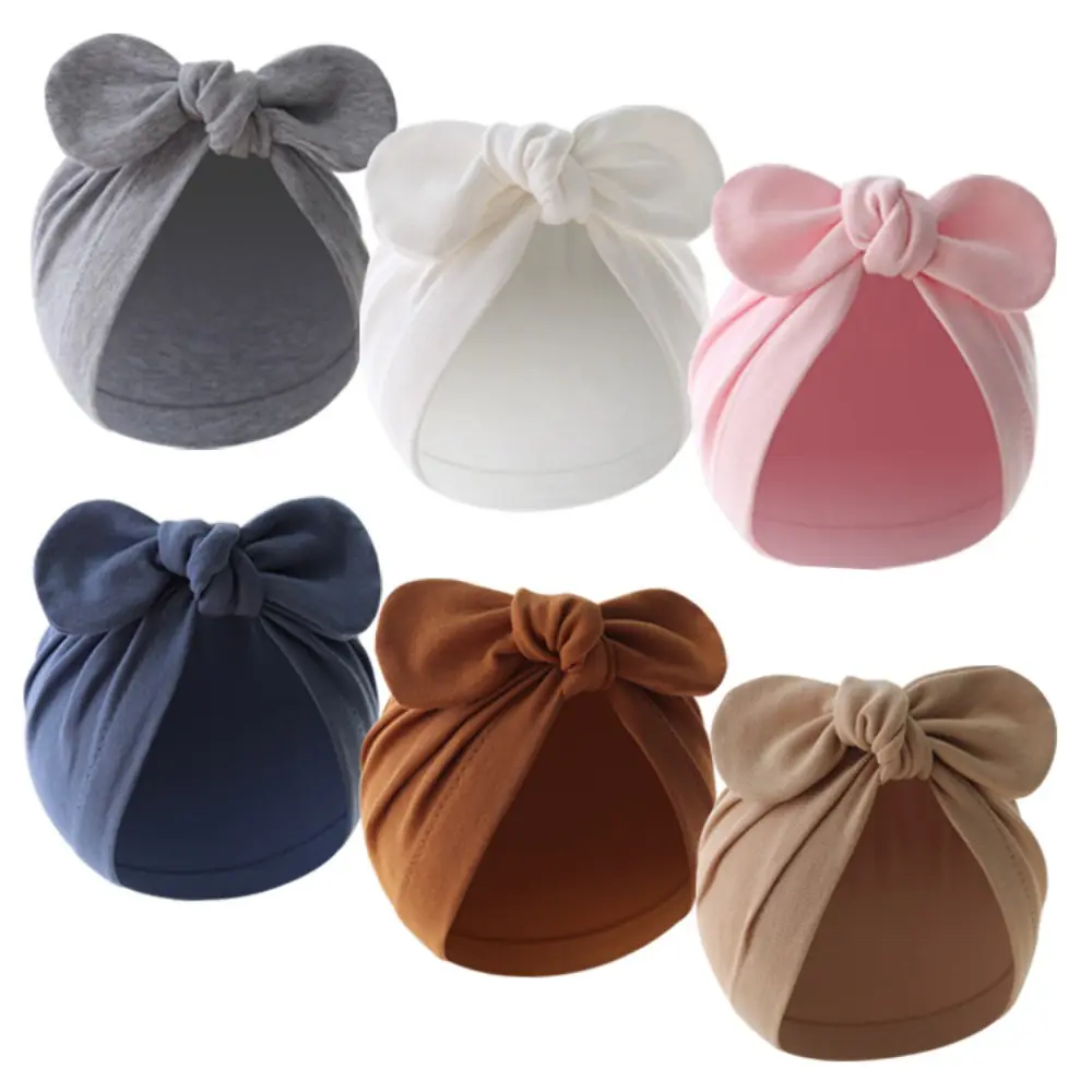 Cotton Baby Hat Cute Soft Solid Color Infant Beanie Cap Flower Knot Bunny Ears Hat for Girls