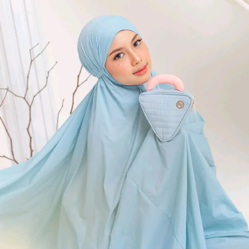 Mukena travel Alula series warna biru, hijrah by shofa marwah, mukena dewasa