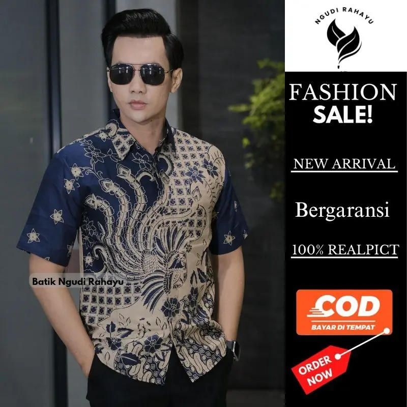 Ngudi Rahayu Terbaru Kemeja Baju Batik Pria Lengan Pendek Slimfit Kain Katun Premium Hem Motif Cowok Dewasa Formal Nyaman Navy Kancing Kantong