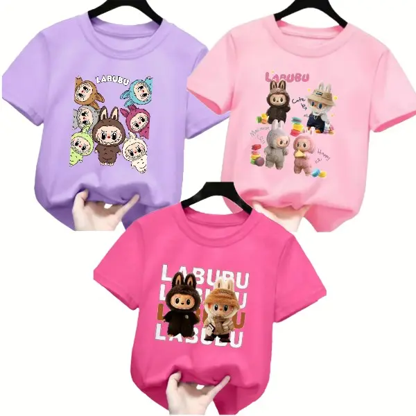 paket 3pcs atasan kaos anak cowok cowok motif l4bubu terbaru t-shirt cowl neck bahan cotton cocok untuk anak santai sehari-hari