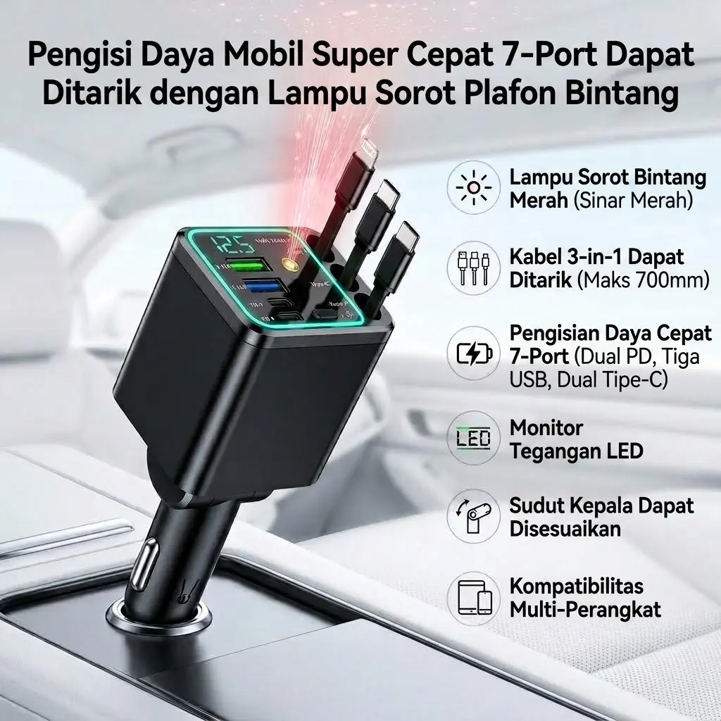 Charger Mobil Serbaguna 7 IN 1 Dapat Ditarik Dilengkapi Layar Digital dan Lampu Proyeksi Bintang, Pengisian Cepat HP Mobil dengan 2 Port PD, 3 Kabel Tarik Otomatis dan Port USB, Kendaraan Praktis Cocok Sebagian Besar Aksesoris Elektronik Otomotif