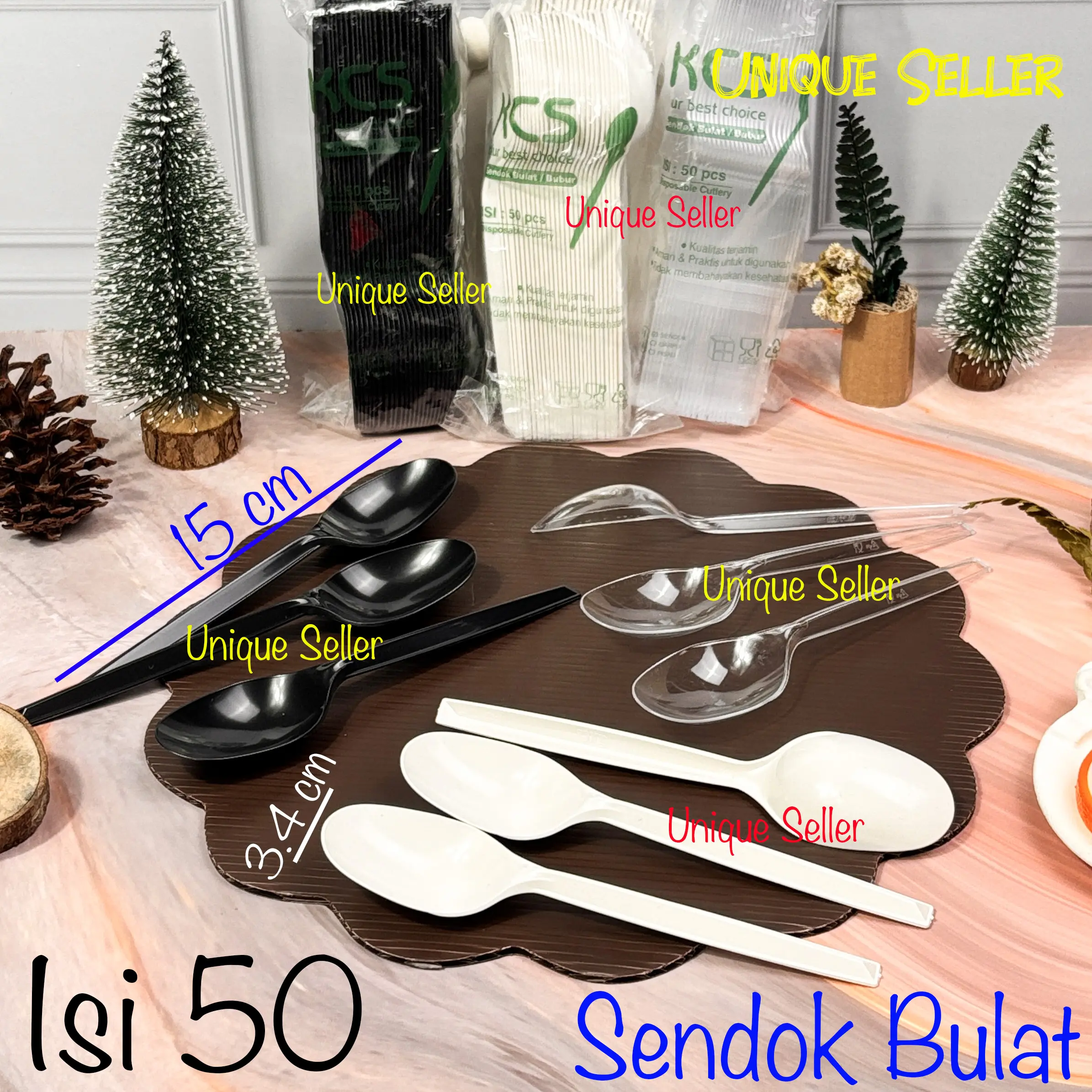 Sendok Bulat Plastik KCS ISI 50 / Sendok Bubur Plastik KCS / Sendok Dawet Plastik KCS Bening Putih Susu Hitam ISI 50 PCS