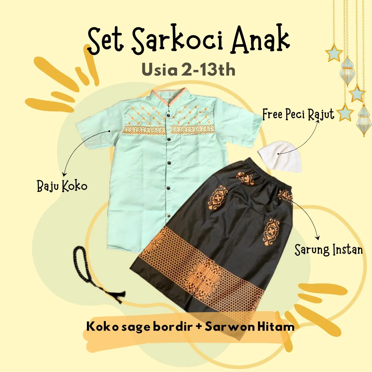 Bordir Sage + Sarwon Hitam + Peci