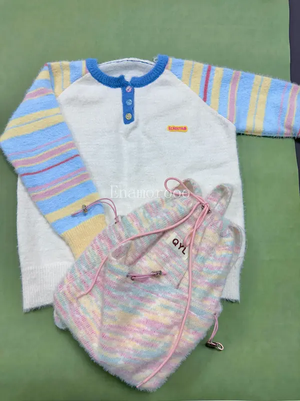Lengan Panjang Raglan Bergaris Pelangi Tambal Sulam Wanita Musim Gugur dan Musim Dingin, Sweter Gaya Malas Baru 6