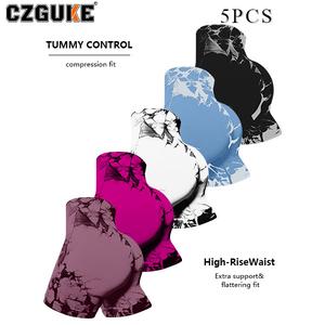 CZGUKE Conjunto de 5 Piezas Shorts de Yoga y Fitness Tiro Alto Sin Costuras Efecto Tie-Dye Ajustados y Elásticos con Realce de Cadera Ropa Deportiva