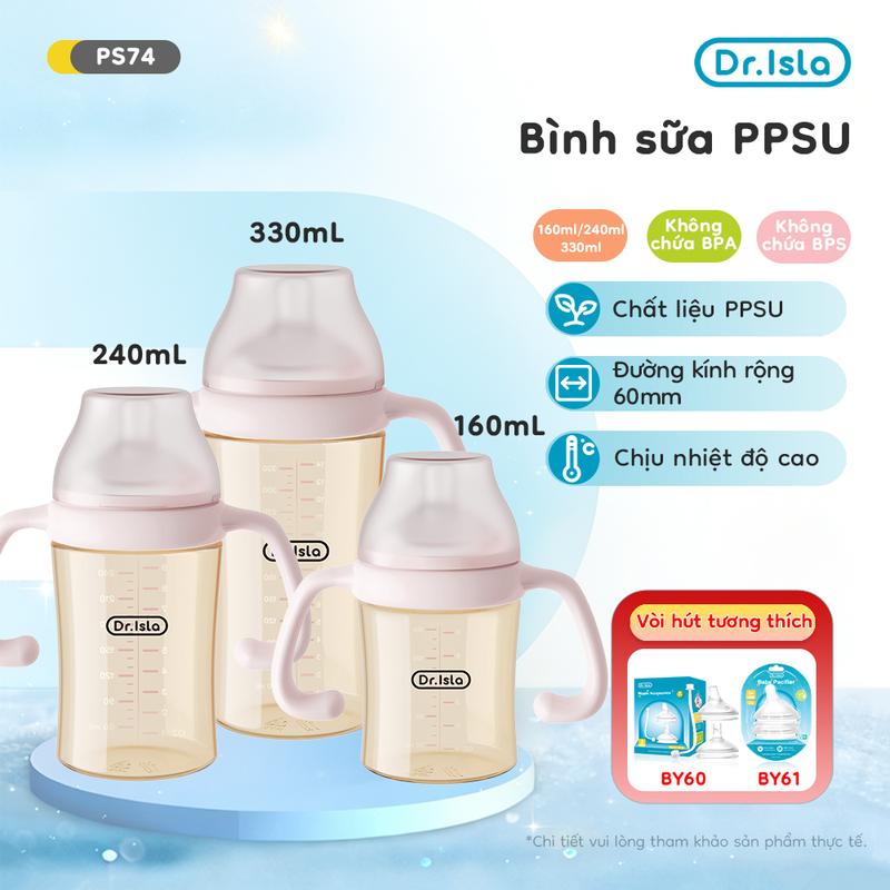 Dr.isla PS74 Vạch cảm ứng nhiệt, Bình sữa chống đầy hơi , đa năng, có chỉ báo nhiệt độ đổi màu, miệng rộng, chịu nhiệt, chất lượng cao chính hãng, dung tích 160-240-330ml, dùng để đựng sữa công thức, chất liệu PPSU.