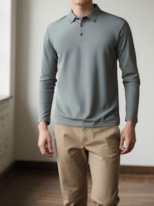 Camisa tipo polo para hombre Otoño Nueva Tendencia Top suelto y casual de color sólido con cuello y manga larga Camiseta Ropa de moda para hombre