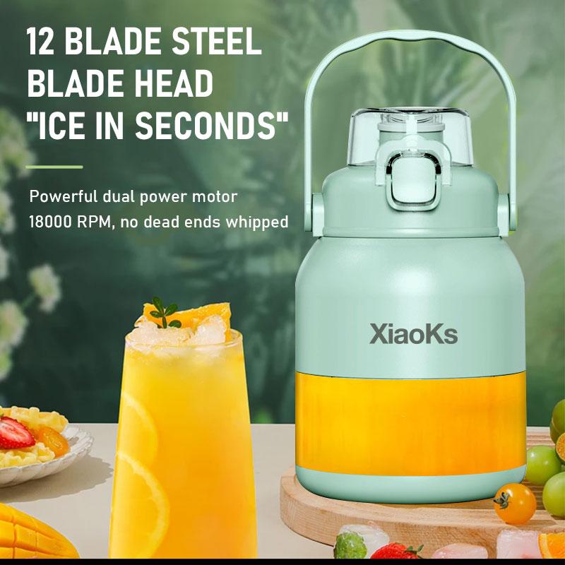 Product Introduction of Xiaoks 500ML portable juicer: Dual - lid, 14 - leaf 18000RPM blade for smooth juice. Handle, straw for outdoor use. Safe, long - lasting battery, multi - charge for fresh juice anywhere. 18