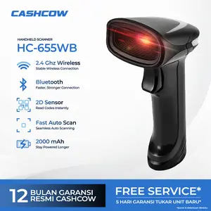 CASHCOW HC-655WB – Scanner 2D/1D Bluetooth Wireless+USB, Scan Layar HP, Plug & Play, Cepat untuk Kasir