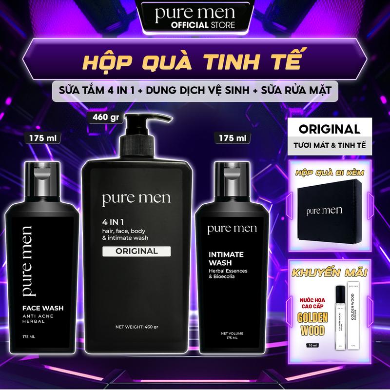 [KHUYẾN MÃI NƯỚC HOA] Hộp Quà Tặng Tinh Tế Pure Men - Set Combo Tặng Bạn Trai - Sữa tắm gội 4in1 hương nước hoa cao cấp & Sữa rửa mặt & Dung dịch vệ sinh nam giới