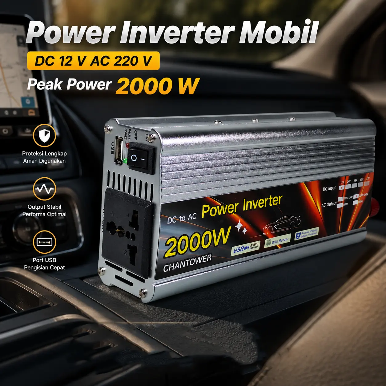 CHANTOWER Power Inverter Mobil Modified Sine Wave DC 12V AC 220V 2000W - SAA-2000A