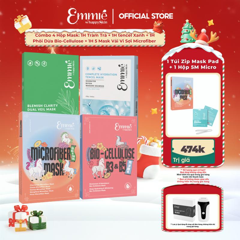 ĐỘC QUYỀN TẶNG MÁY TRIỆT LÔNG Combo 4 hộp Mask Emmié by happySkin: 1 Hộp 10 Mask Phôi Dừa Bio-Cellulose BAO BÌ TẾT + 1 Hộp 10 Mask Mask Vải Sinh Học Cấp Ẩm Sâu Tencel xanh + 1 Hộp 5 Mask Vải Vi Sợi Microfiber Mix BAO BÌ TẾT + 1 Hộp Tràm Trà