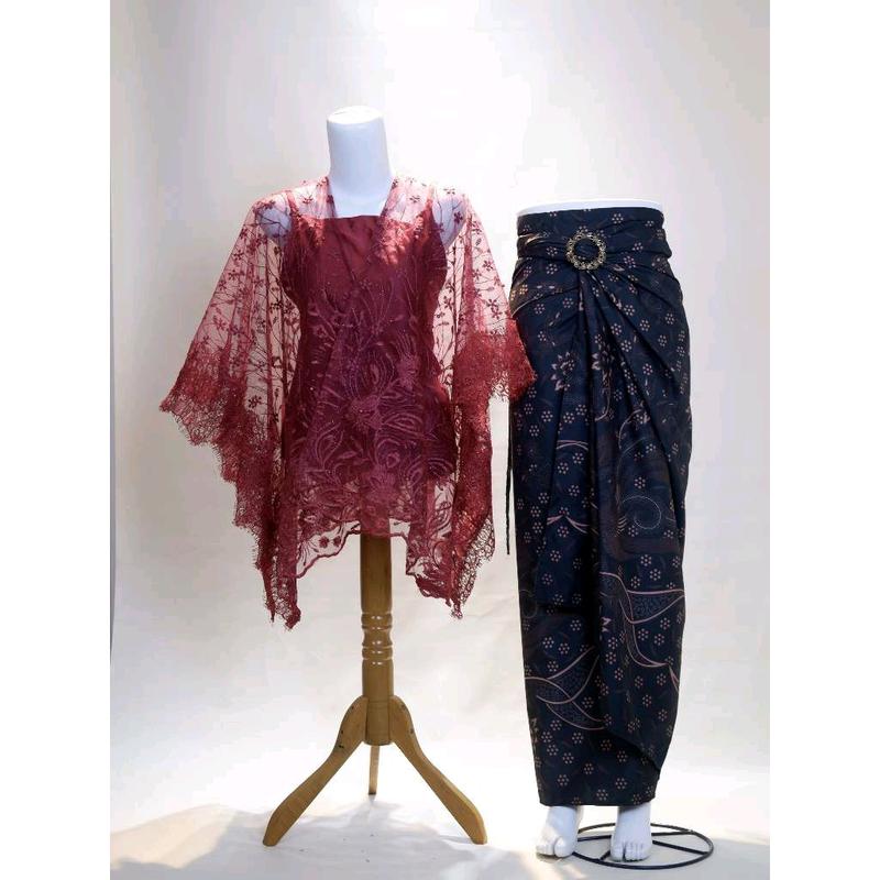 Bisa COD (Paket 5in1) SatuSet Kebaya Modern Renda Tali Jelita  Kondangan Wisuda Lamaran with Rok Lilit Batik dan Outer Cardigan tile premium kece kelulusan Dress Kain Katun Panjang Abu Hitam Maroon Mocca 0