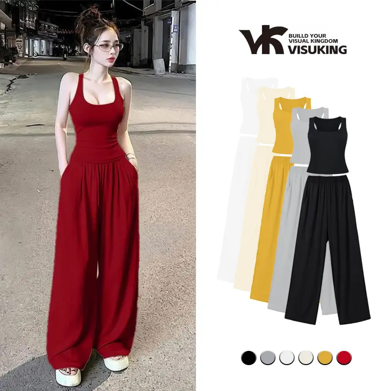 VISUKING Bộ Đồ Nữ Áo Kiểu Dây Cổ Quần Rộng Ống Đứng Eo Cao Phong Cách Thời Trang Đơn Giản
