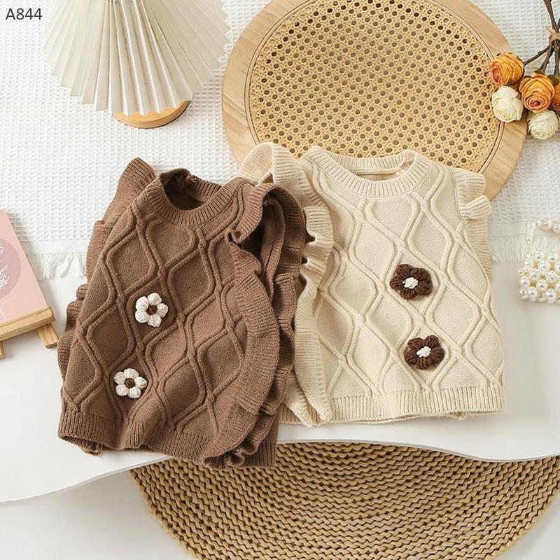 A844- Áo Gile Bé Gái Chất Liệu Len Bèo Đính Hoa Hai Màu Kem Và Nâu Size 10-20kg