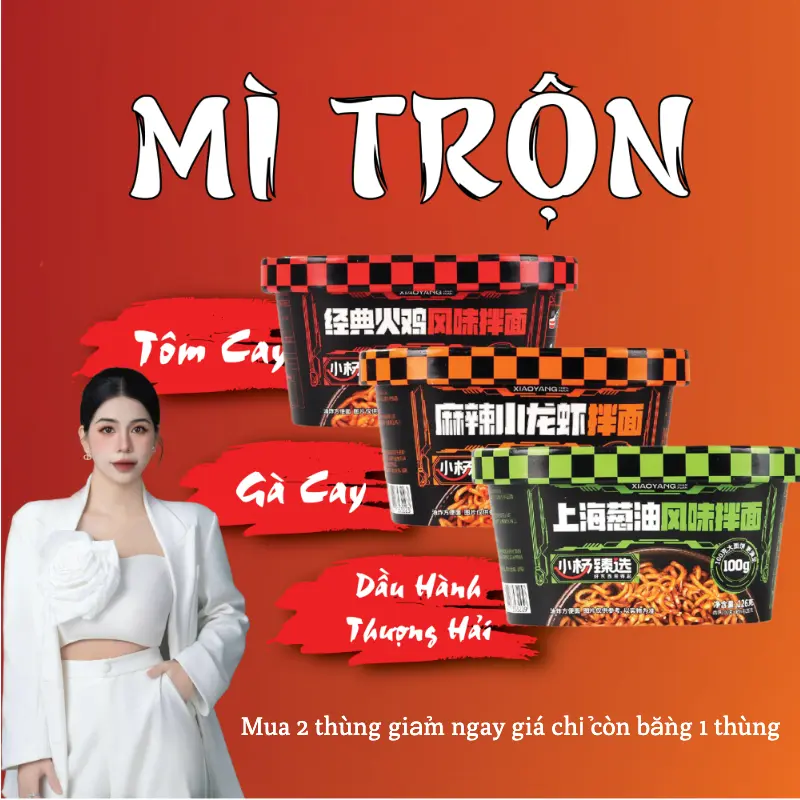 Mì trộn ngon 6 hộp, vị tôm hùm đất cay tê (màu cam, cay nhất), vị gà cay (màu đỏ, cay vừa), vị dầu hành Thượng Hải (màu xanh, không cay)