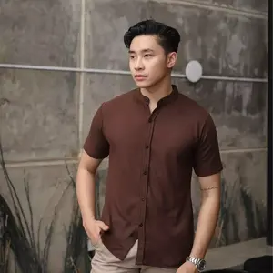 Sajzah Kemeja Pria Polos Koko Brown Casual Kerah Shanghai Slim Fit Baju Pendek Nyaman Muslim Basic Formal Dewasa  Tangan Pndek  Simple Bahan  Katun Soft Pikui  Casual