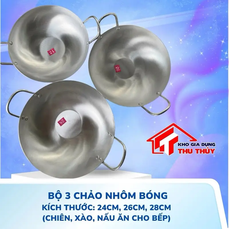 Bộ 3 chảo Nhôm bóng size 24cm 26cm 28cm ( chiên ,xào,nấu  ăn cho bếp)