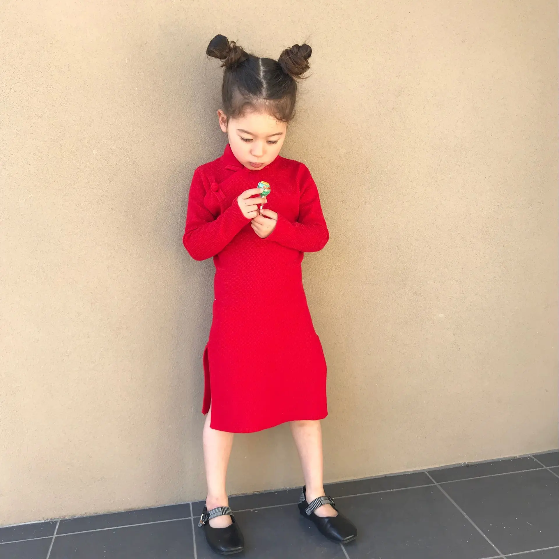 Girls' cheongsam dress princess skirt Chinese style red New Year's dress 2024 spring and autumn children's knitted cheongsam skirt