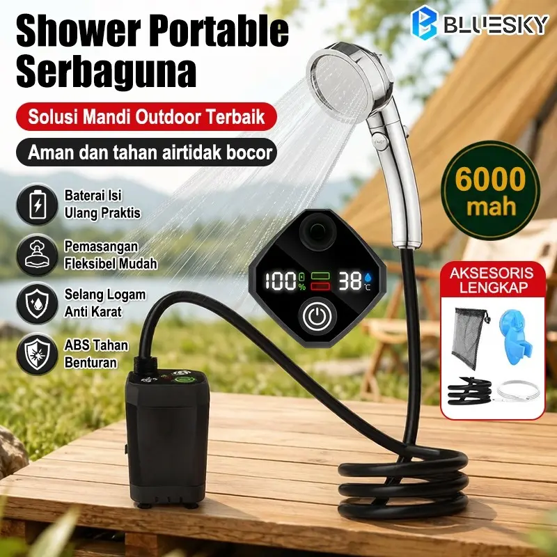 Pompa Shower Portable Listrik 2M - Shower Camping Outdoor dengan Layar Suhu, Tekanan Air Tanpa Batas, Kepala Bisa Diganti, Cocok untuk Ember & Travel