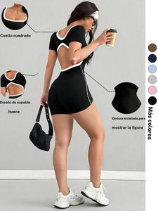 Mono deportivo para mujer con bloques de color, cuello cuadrado y mangas cortas, ajuste entallado, ropa deportiva versátil para verano, ropa para correr y fitness diaria
