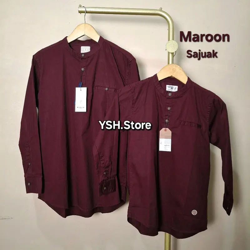 Merah MAROON Baju Koko Kemko Couple Ayah Dan Anak Lengan Panjang dan Pendek Full Kancing dan Kancing 1/2 Katun Twill Terbaru Sajuak Original Dewasa Formal 2