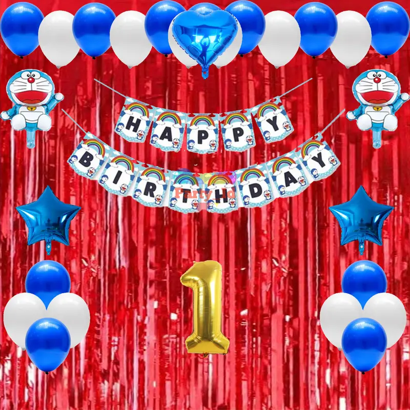 Paket Lengkap Dekorasi Baner Happy Brithday Karakter Doraemon Dan Balon Foil Mini - Untuk Dekorasi Ulang Tahun Biru Putih banners 4