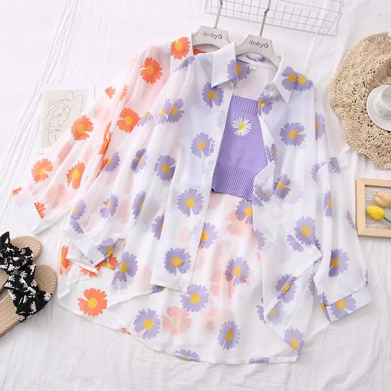 Summer New Fashion Versatile Little Daisy Thin Long-sleeved Chiffon Sun Protection Shirt Air-conditioning Shirt Shirt Jacket for Women